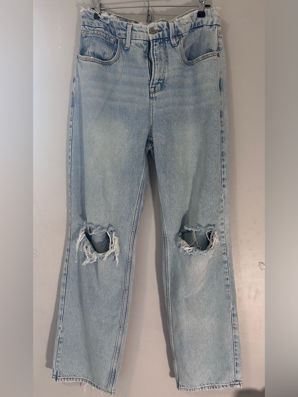 Good American High Rise-Straight Leg Distressed Light Blue Jeans